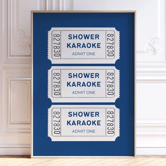 Shower Karaoke Ticket Print Navy Blue Funny Bathroom Poster Retro Vintage Dorm Room Decor Singing Quirky Wall Art