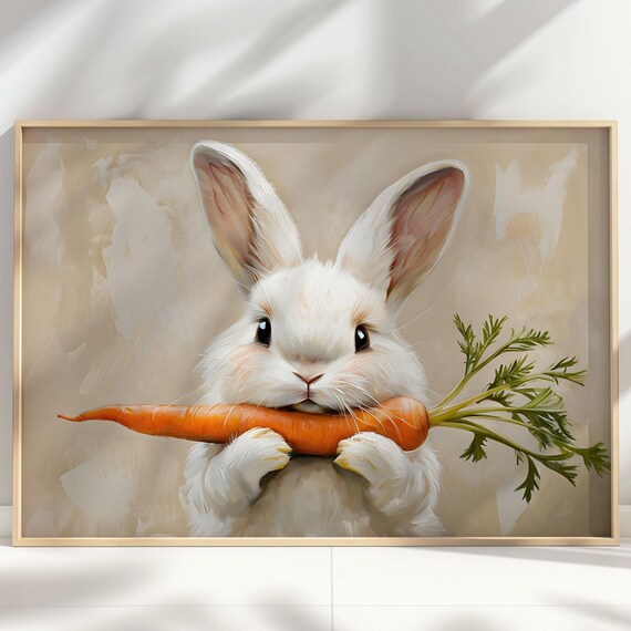 Sweet White Easter Bunny With Carrot Cute Spring Nursery Wall Art