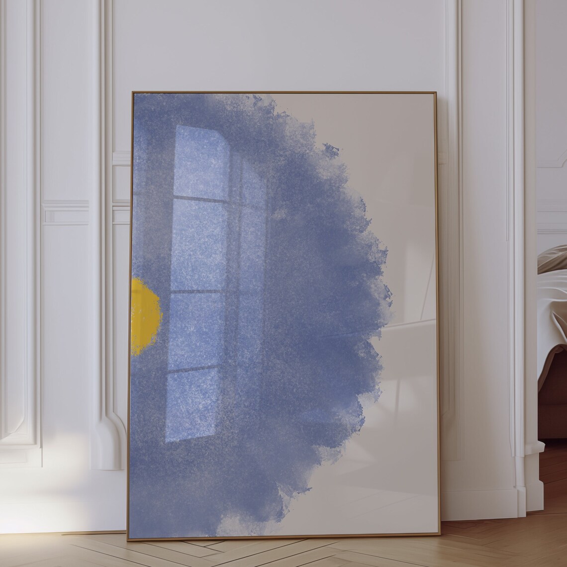 Blue Watercolor Abstract Yellow Sun Minimalist Modern Calm Art Poster