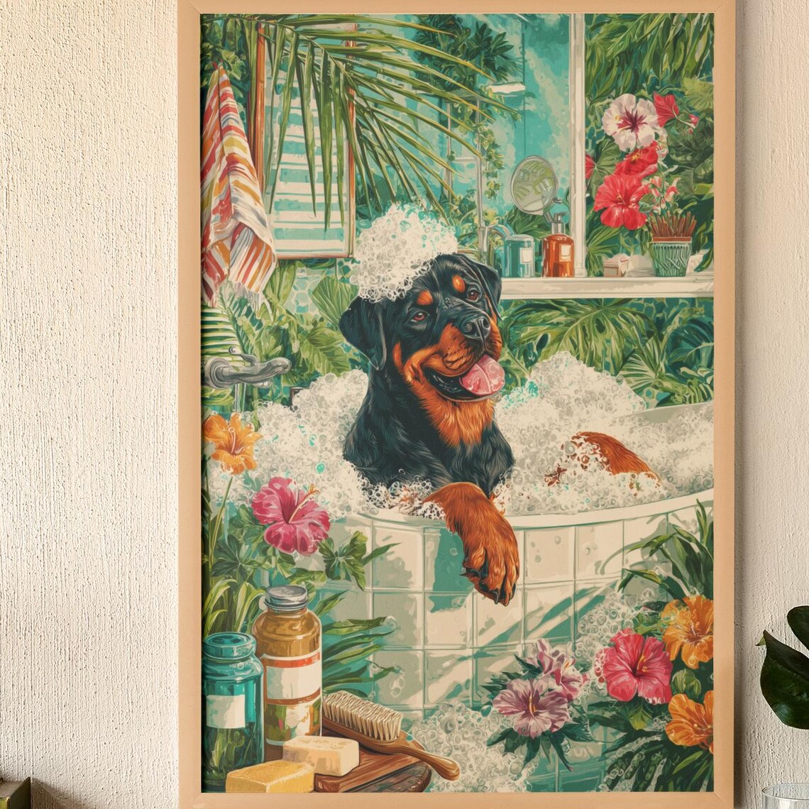 Happy Rottweiler In Bubble Bath With Soap Suds In Tropical Bathroom Poster