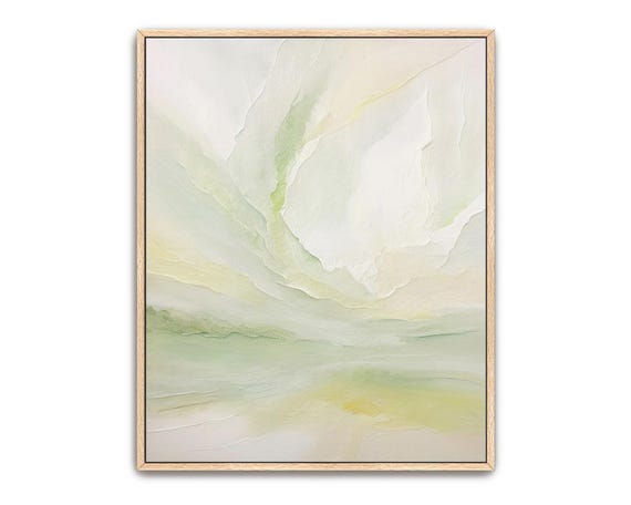 Hand Painted Abstract Acrylic Painting Large Artwork Art Light Olive Green Pastel White Beige Neutral Textured Framed Wall Decor