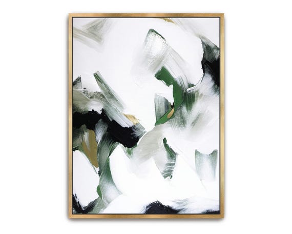 Hand Painted Abstract Acrylic Painting Large Artwork Wall Art White Dark Green Gold Choppy Neutral Light Textured Framed Wall Decor