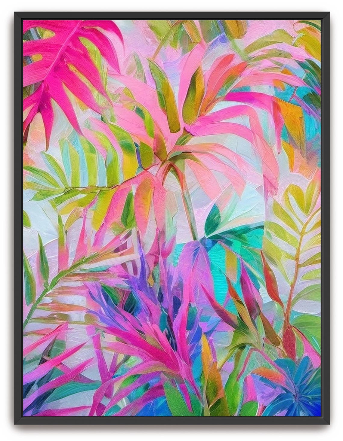 Hand Painted Abstract Acrylic Painting Large Artwork Wall Art Bright Rainbow Colorful Tropical Palm Leaves Textured Framed Decor - Image 5