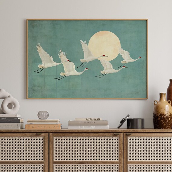 White Cranes Flying Under Full Moon Teal Minimalist Bird Poster