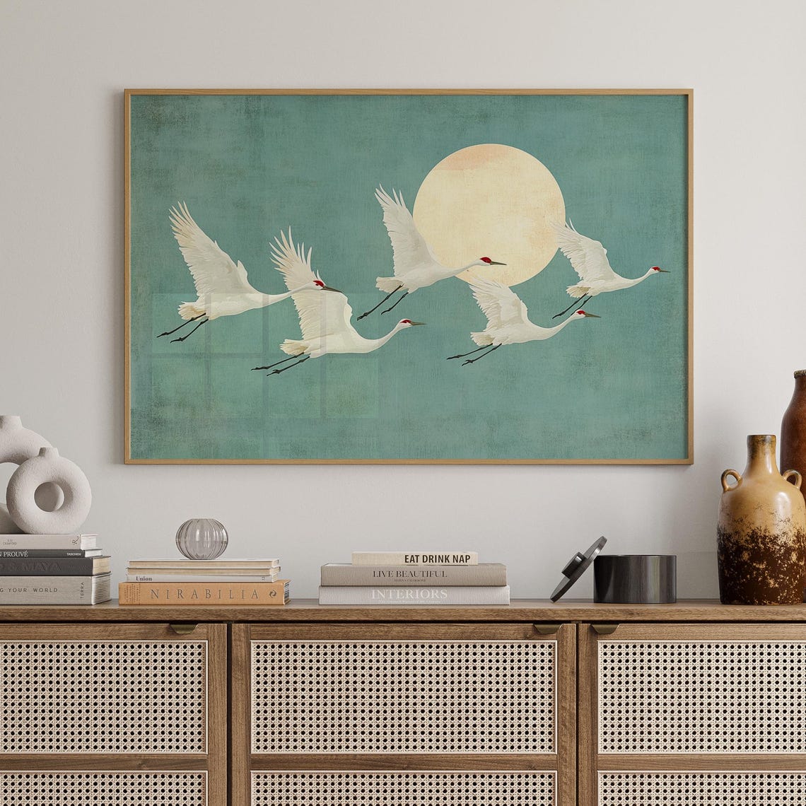 White Cranes Flying Under Full Moon Teal Minimalist Bird Poster