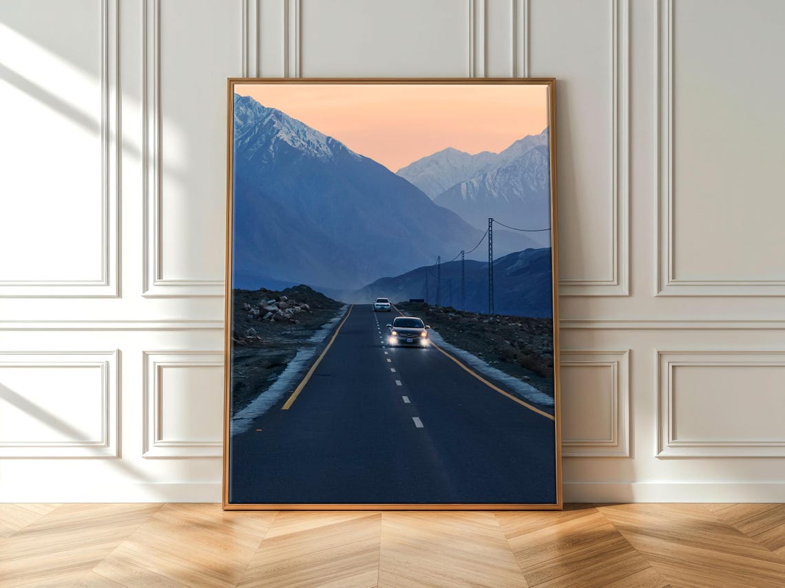 Mountain Highway Sunset Snowcapped Peaks Road Journey Scenic Poster