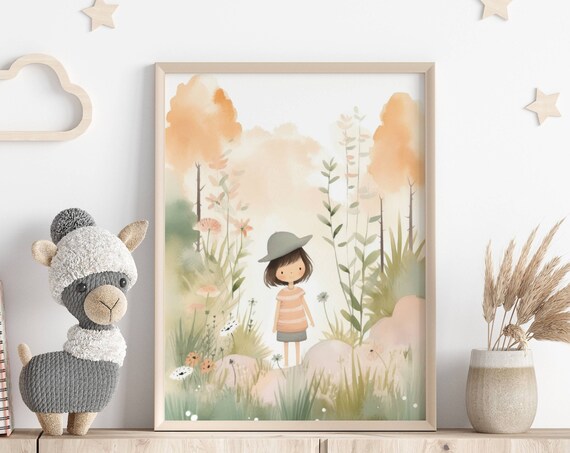 Nursery Watercolor Poster, Cute Girl Forest Illustration