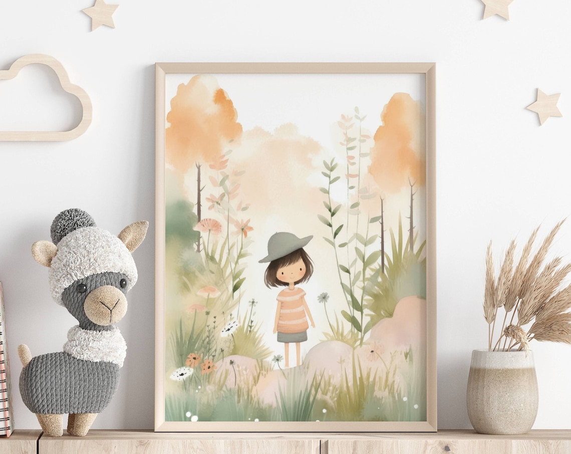Nursery Watercolor Poster, Cute Girl Forest Illustration