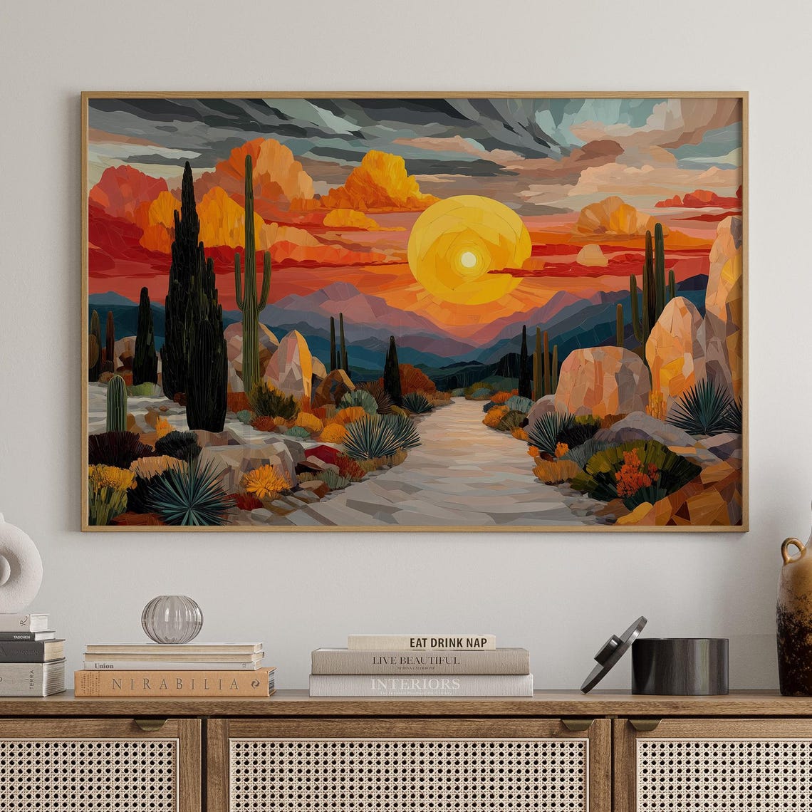 Geometric Desert Sunset With Saguaro Cactus Low Poly Art Poster