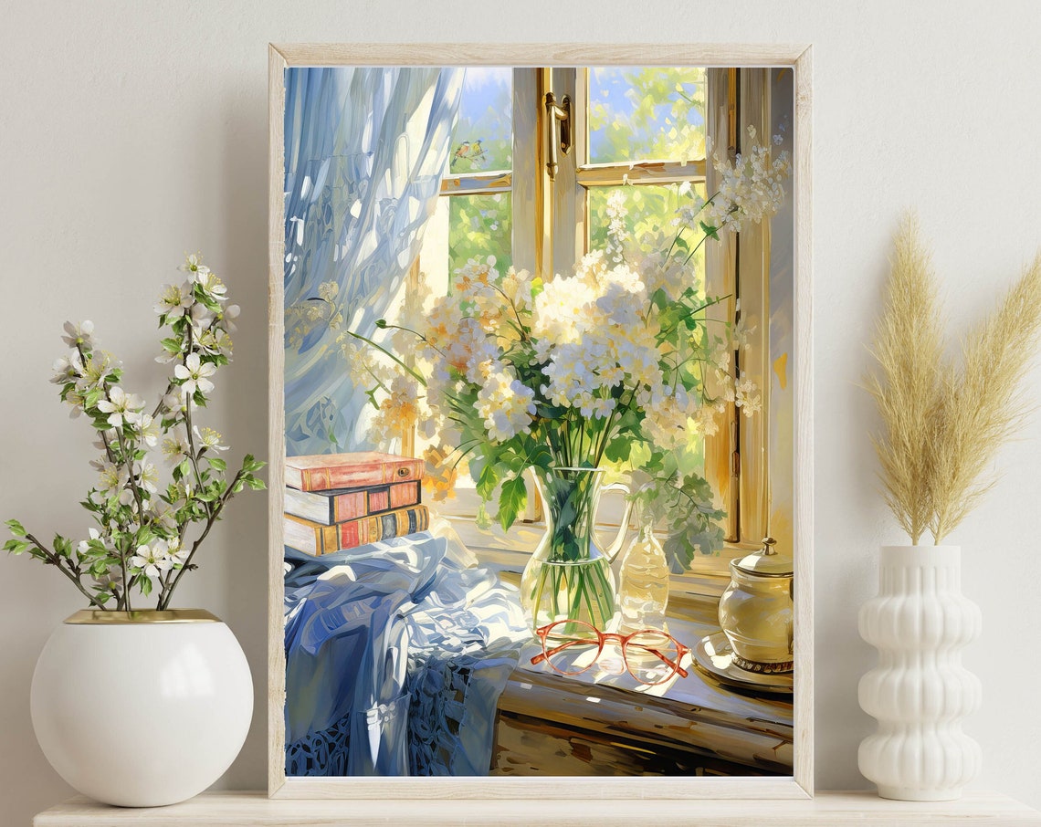 Sunlit Window with Lilacs Books and Teapot Still Life Wall Poster