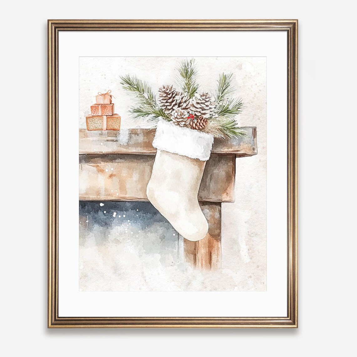 Farmhouse Christmas Stocking Mantel Pinecones Watercolor Poster