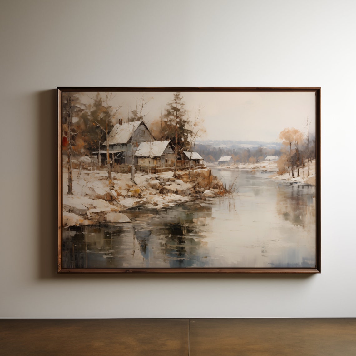 Snowy Winter Cabin by Frozen River Rustic Landscape Painting Wall Art