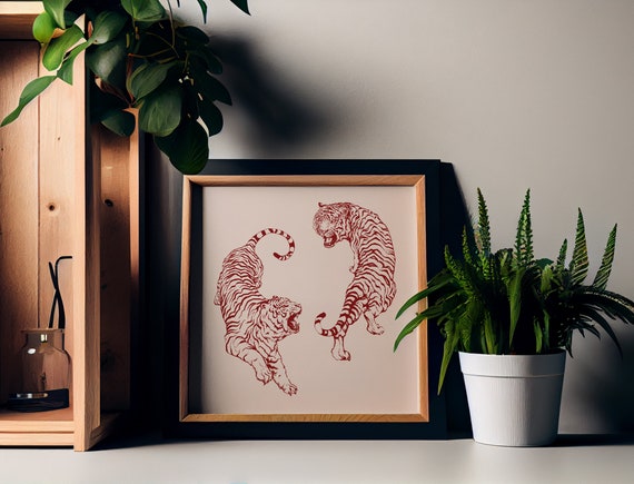 Red Tigers, Vintage Japanese Remix Art Print