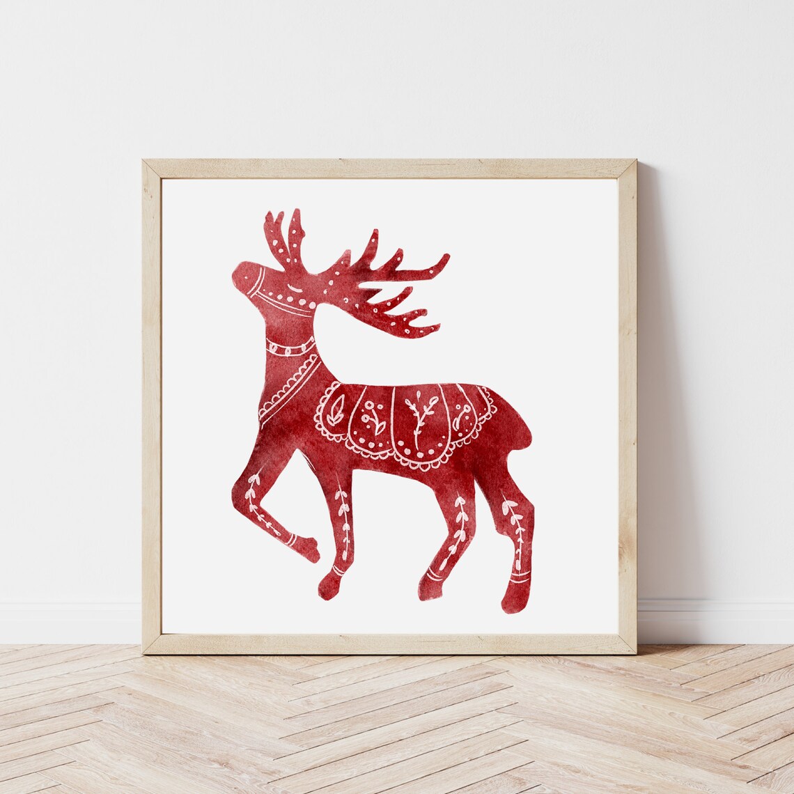Red Watercolor Reindeer Scandinavian Folk Art Christmas Wall Poster