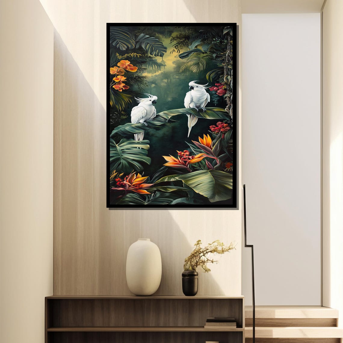 Tropical Cockatoos, Lush Rainforest Oil Painting - Image 2