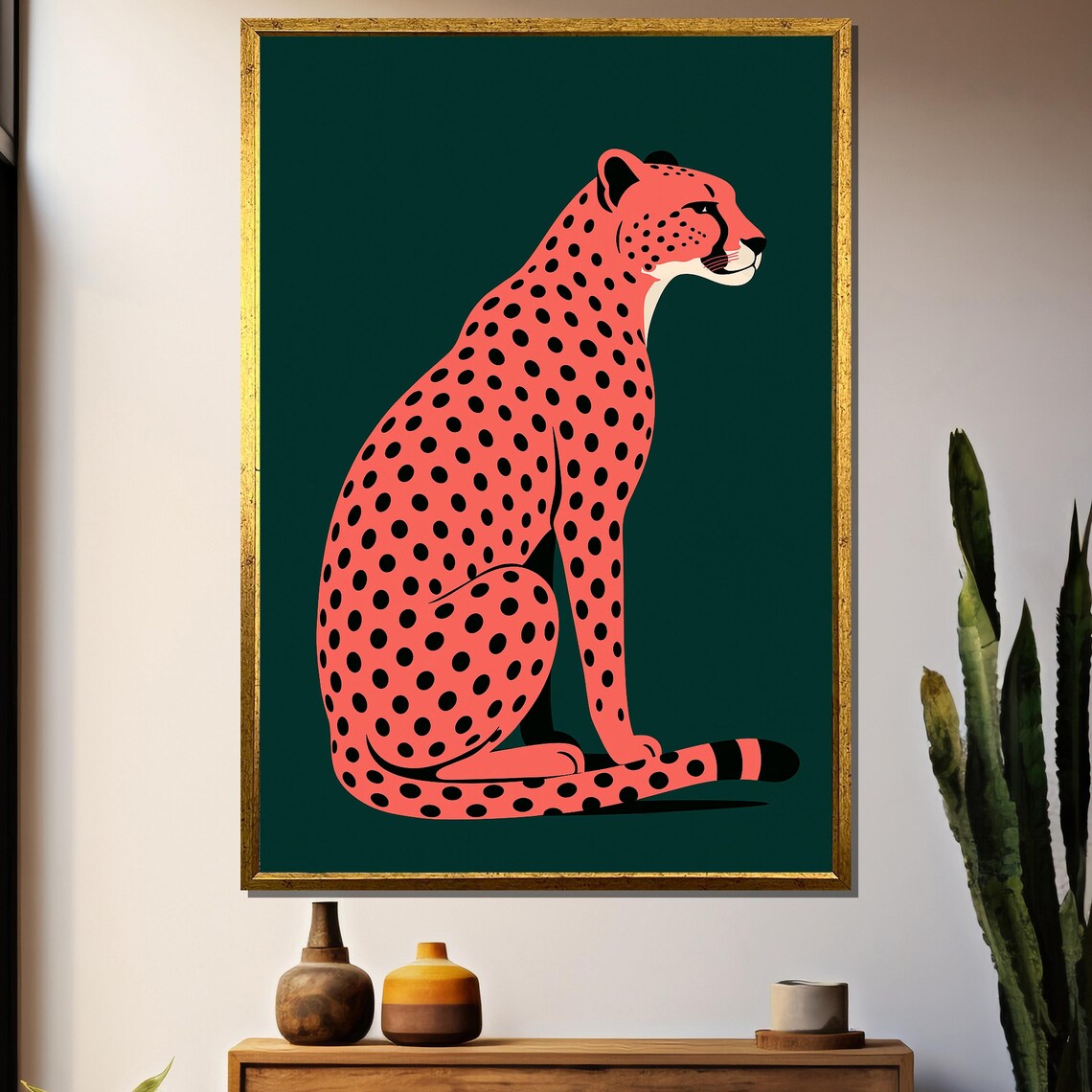 Coral Spotted Cheetah Painting, Minimalist Big Cat