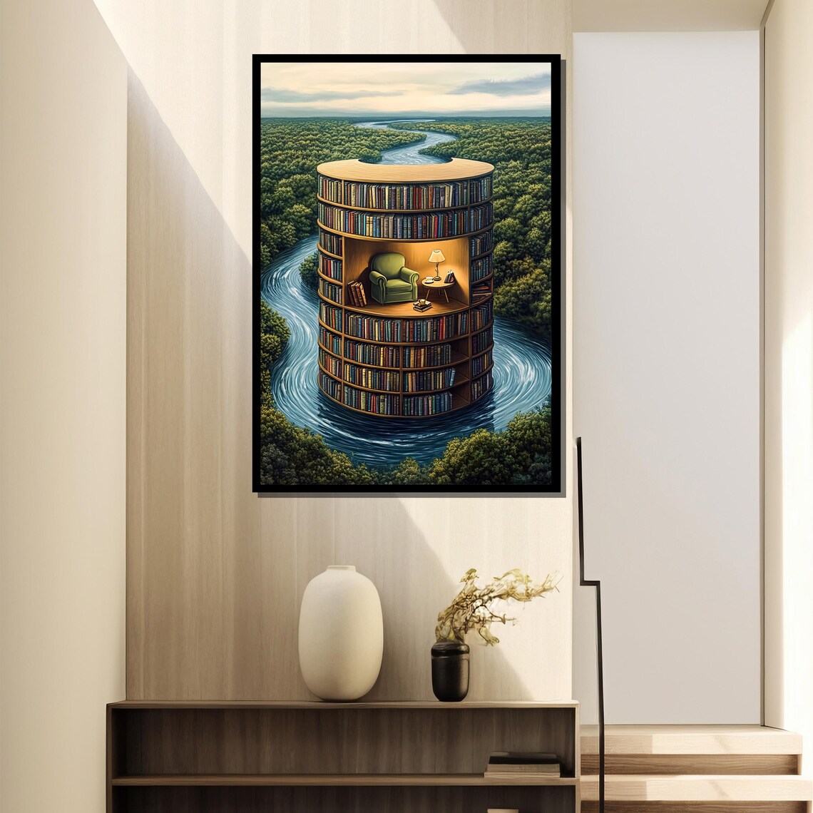 Surreal Library Tower In River Landscape, Art Print - Image 2