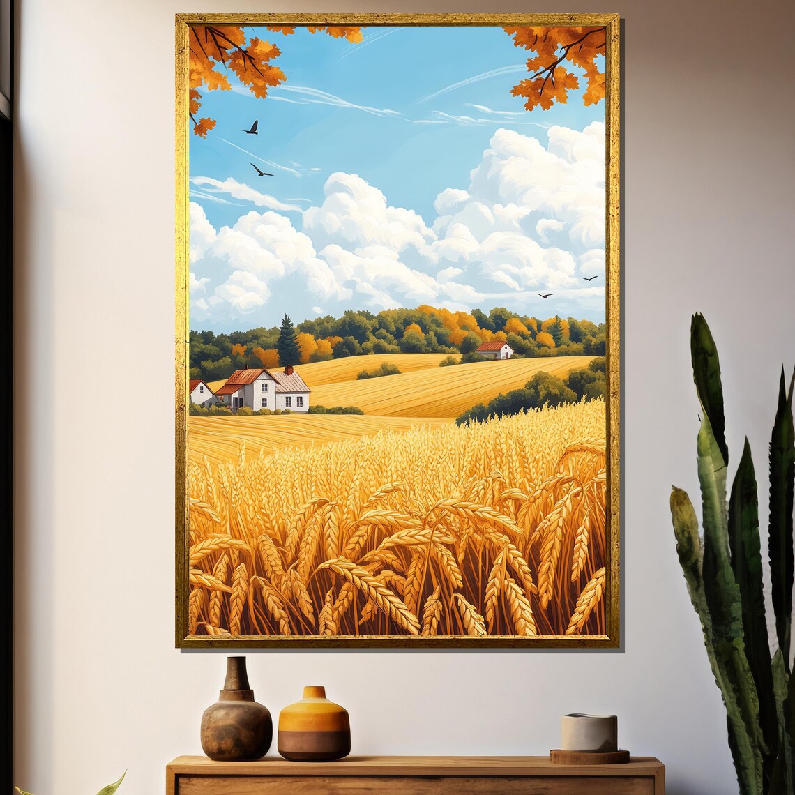 Golden Wheat Field Painting, Rustic Countryside Landscape