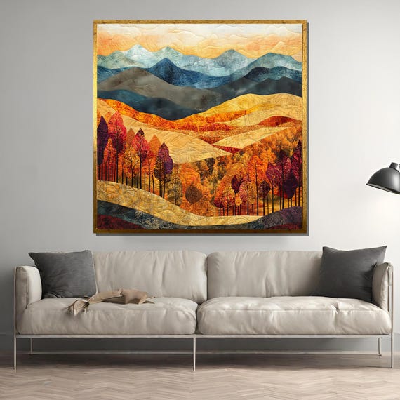 Quilted Fall Landscape, Rustic Autumn Mountain Scene