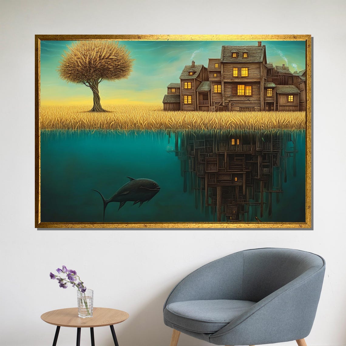 Surreal Split View Tree And Underwater Village Art Print