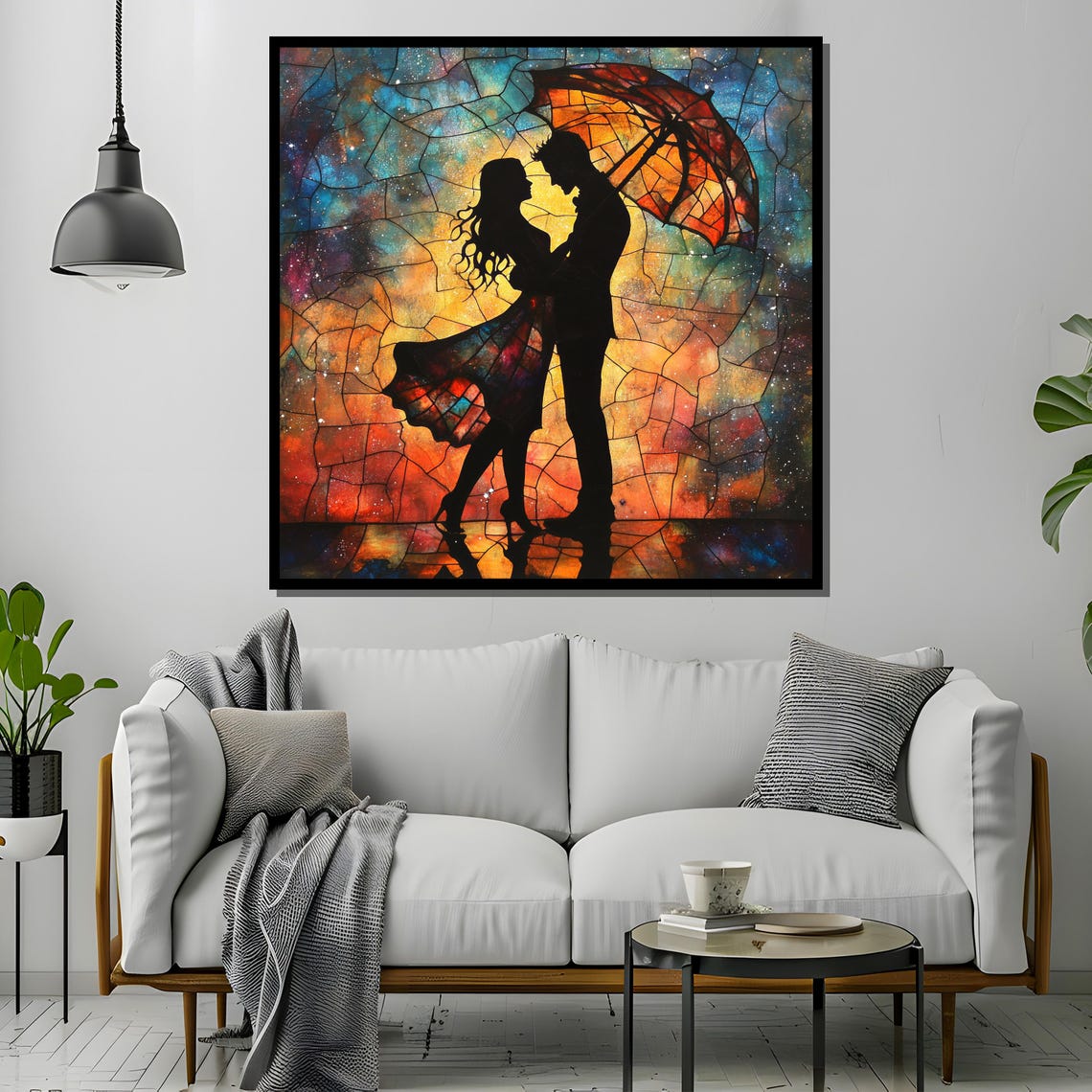 Stained Glass Couple Romantic Silhouette With Umbrella - Image 2