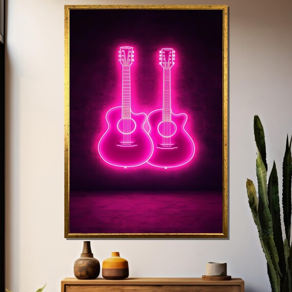 Neon Pink Guitar - Music Room Modern Artwork
