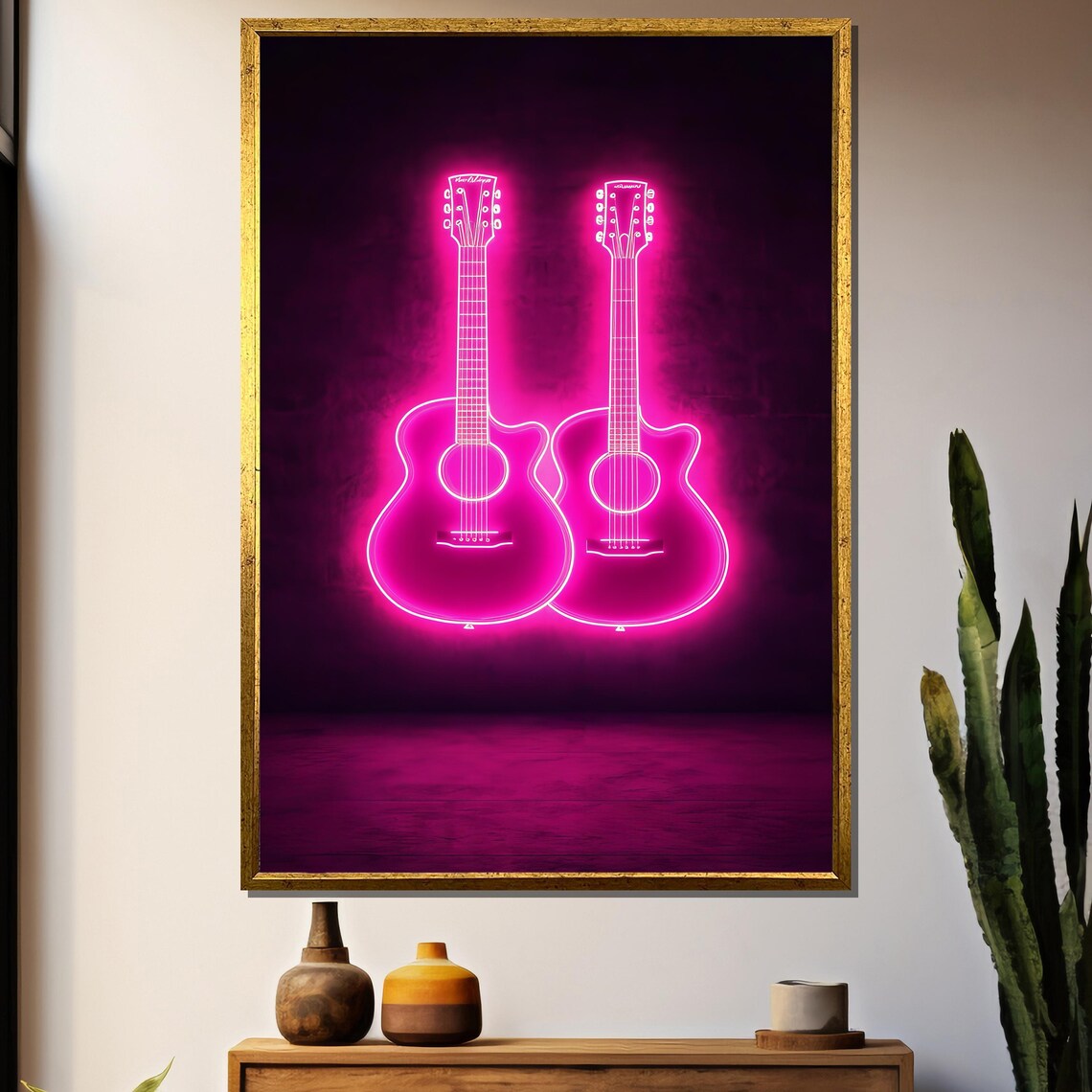 Neon Pink Guitar - Music Room Modern Artwork