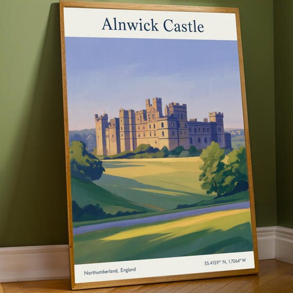 Alnwick Castle Poster Blue And Green Landscape Art Northumberland Painting Travel Wall Decor