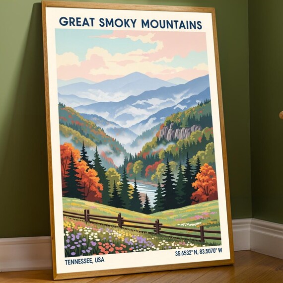 Great Smoky Mountains Tennessee Autumn Wildflower Meadow Travel Poster