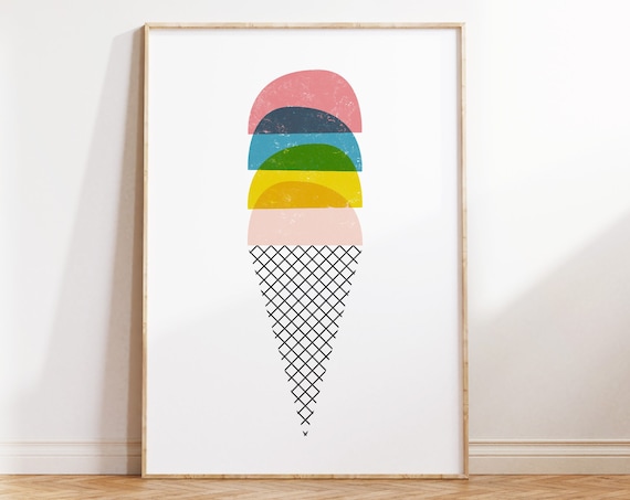 Colorful Rainbow Ice Cream Cone Modern Art Sweet Summer Wall Art