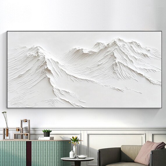 Large White Abstract Mountain Landscape Painting 3d Mountains Oil Painting 3d Mountains Wall Art White Minimalist Painting Bedroom Wall Art