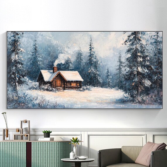 Snowy Cabin Winter Forest Cozy Smoke Chimney Warm Lights Poster