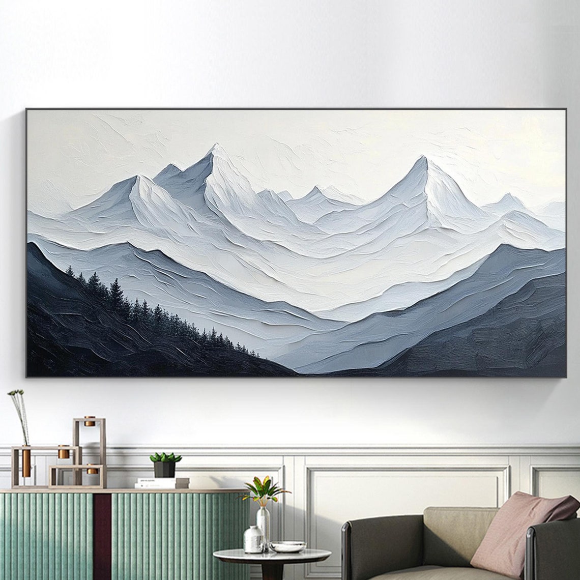 Snowy Mountain Peaks Navy White Textured Alpine Panorama Poster