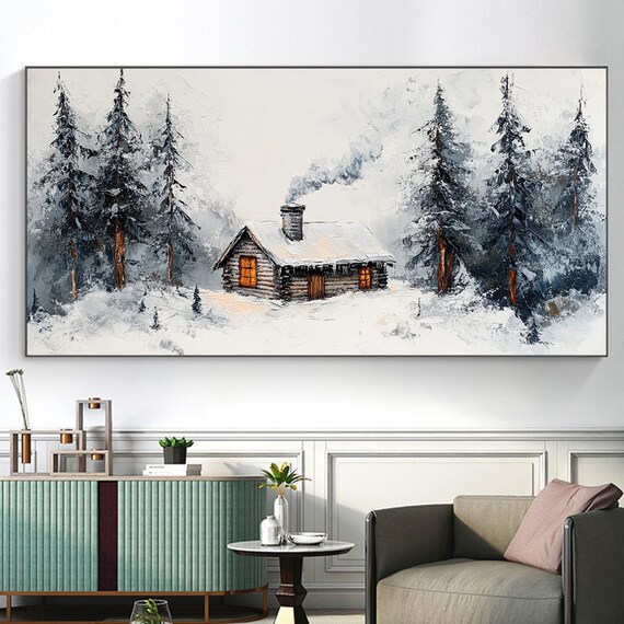 Cozy Snowy Cabin With Glowing Windows Pine Winter Forest Poster