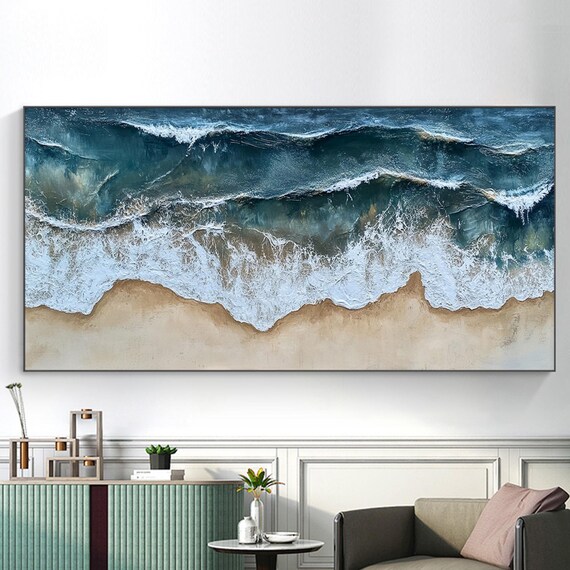 Aerial Ocean Waves Teal White Foam Sandy Shore Coastal Poster