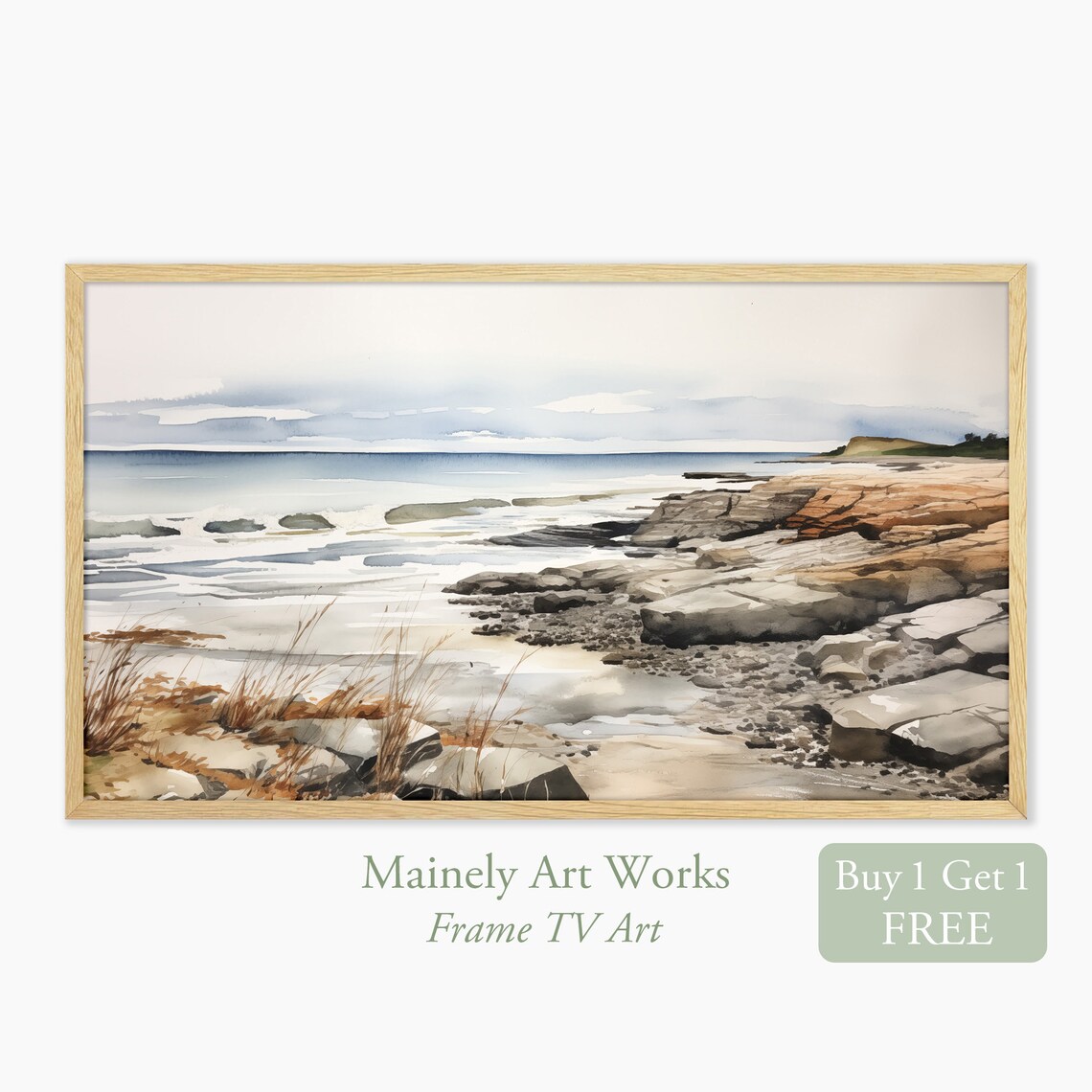 Rocky Coast Seascape Watercolor Grey Rocks Calm Sea Travel Poster