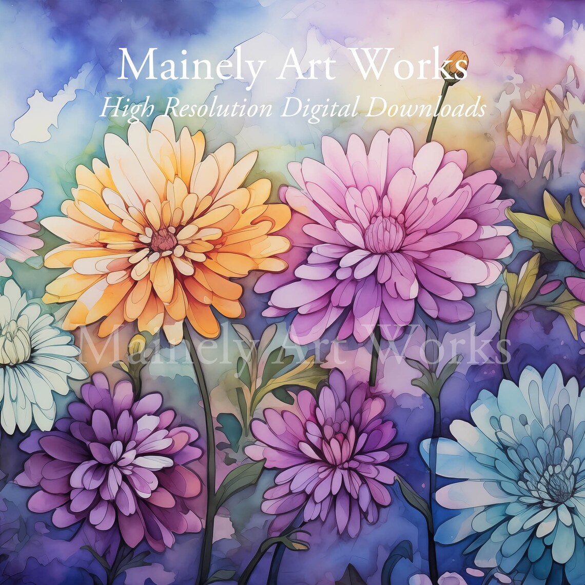 Colorful Mum Aster Bloom Purple Orange Teal Watercolor Poster - Image 3