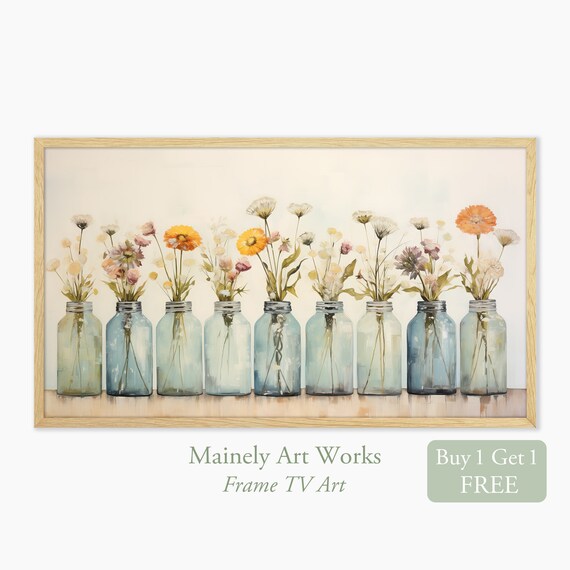 Wildflowers In Blue Mason Jars Row Vintage Farmhouse Still Life Wall Art Print