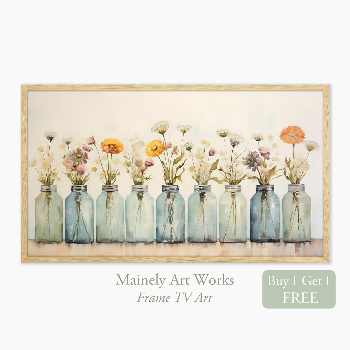 Wildflowers In Blue Mason Jars Row Vintage Farmhouse Still Life Wall Art Print