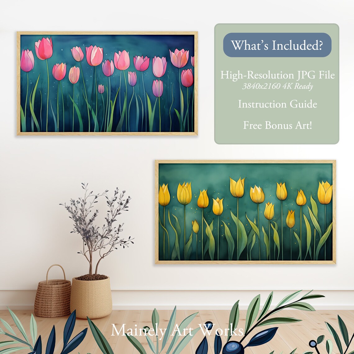 Pink Tulips On Tall Stems Deep Teal Night Sky Spring Flower Wall Art Print - Image 2