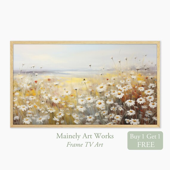 White Daisy Meadow At Golden Sunset Warm Tone Wildflower Field Wall Art Print