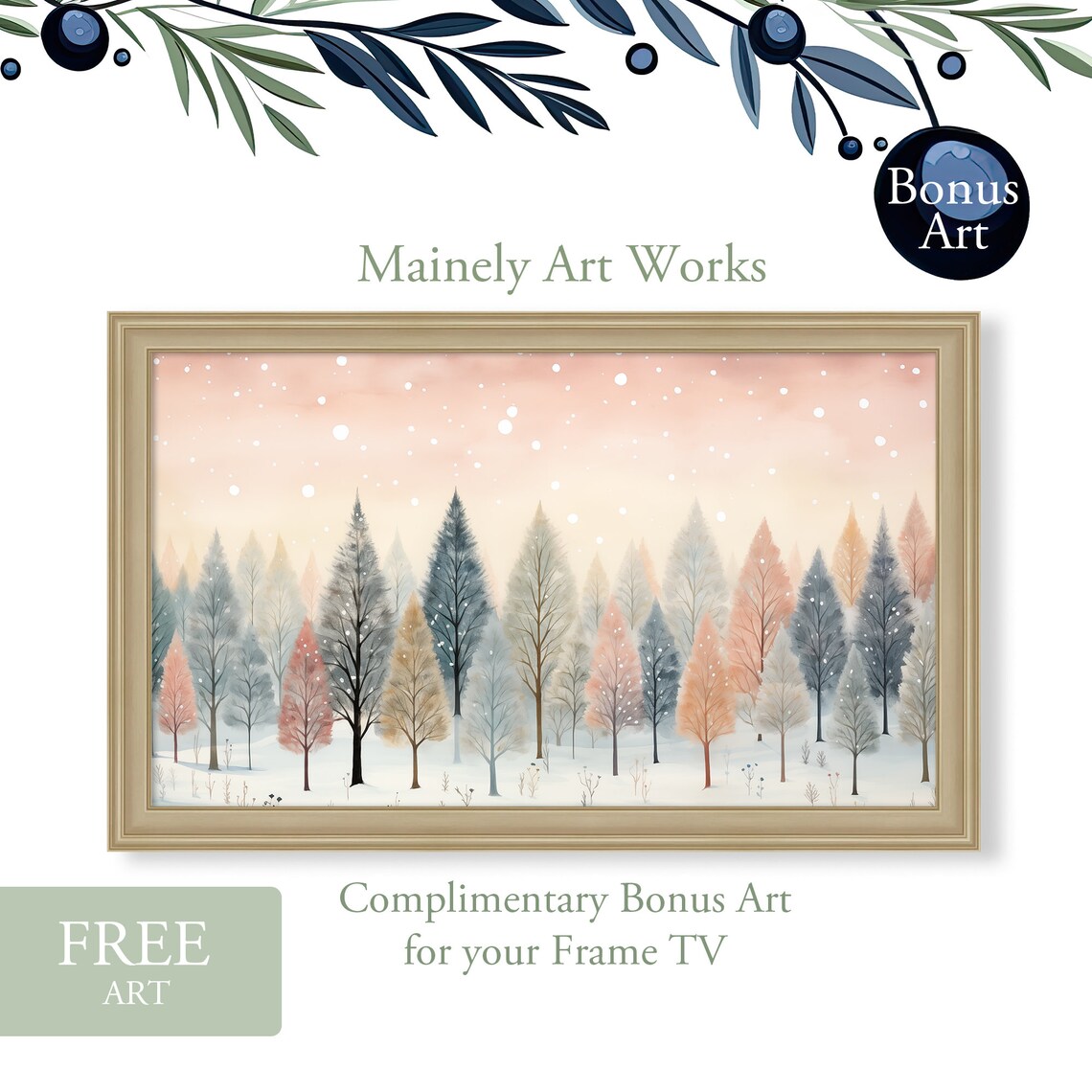 Snowy Winter Village Among Tall Pines Folk Style Christmas Tree Wall Art Print - Image 3