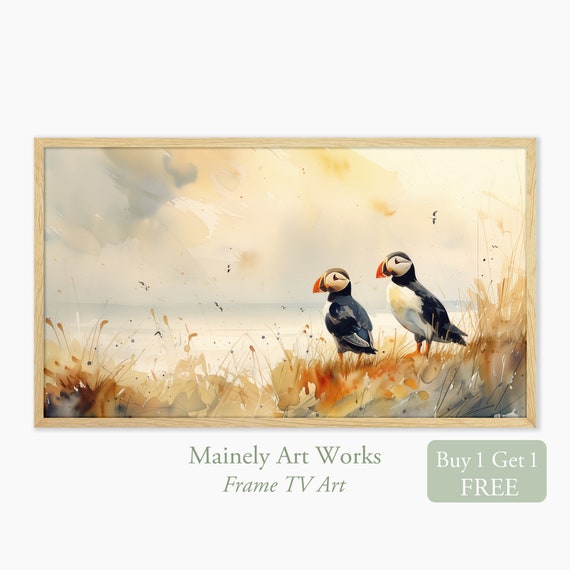 Seascape Puffin Art For Frame TV, Coastal Decor