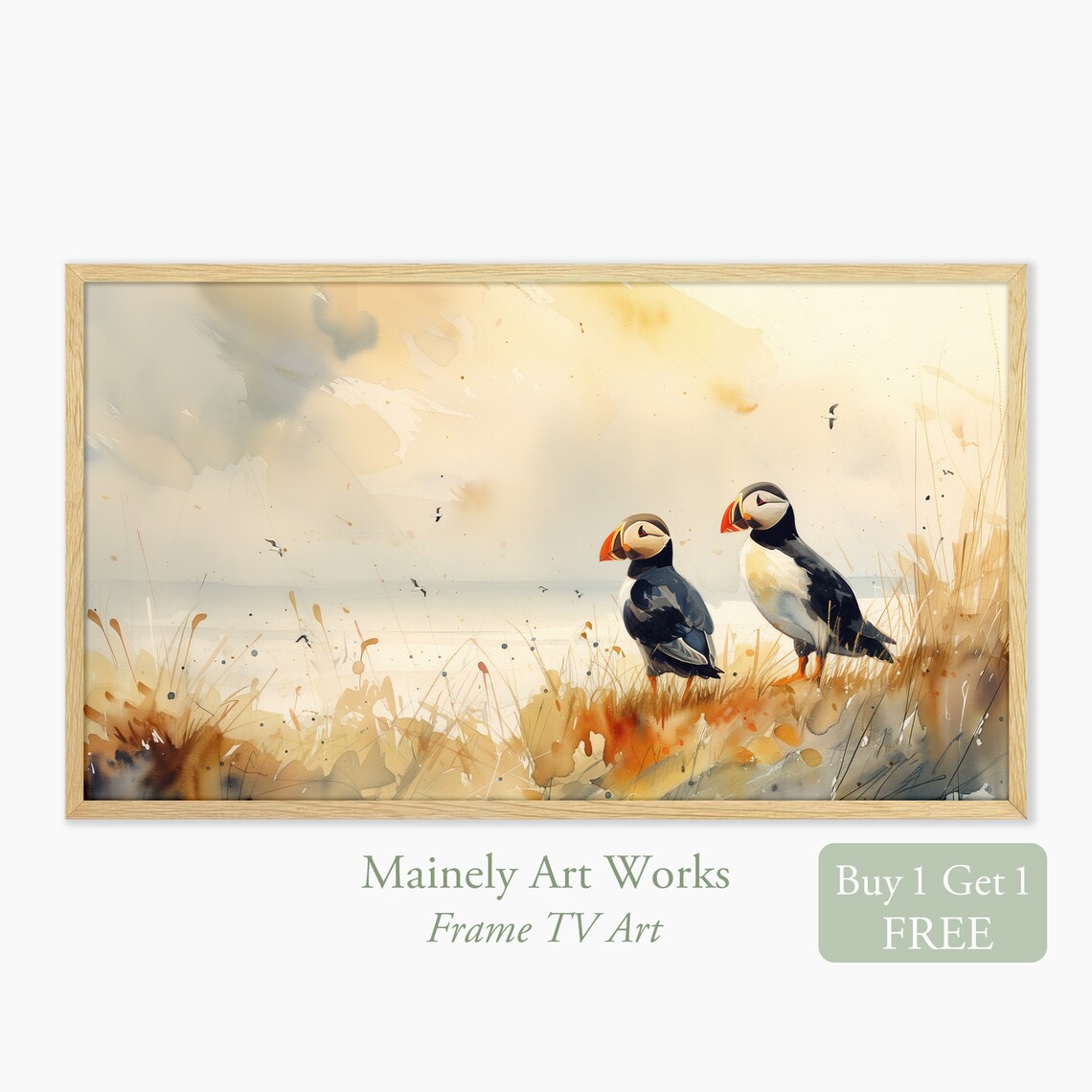 Seascape Puffin Art For Frame TV, Coastal Decor