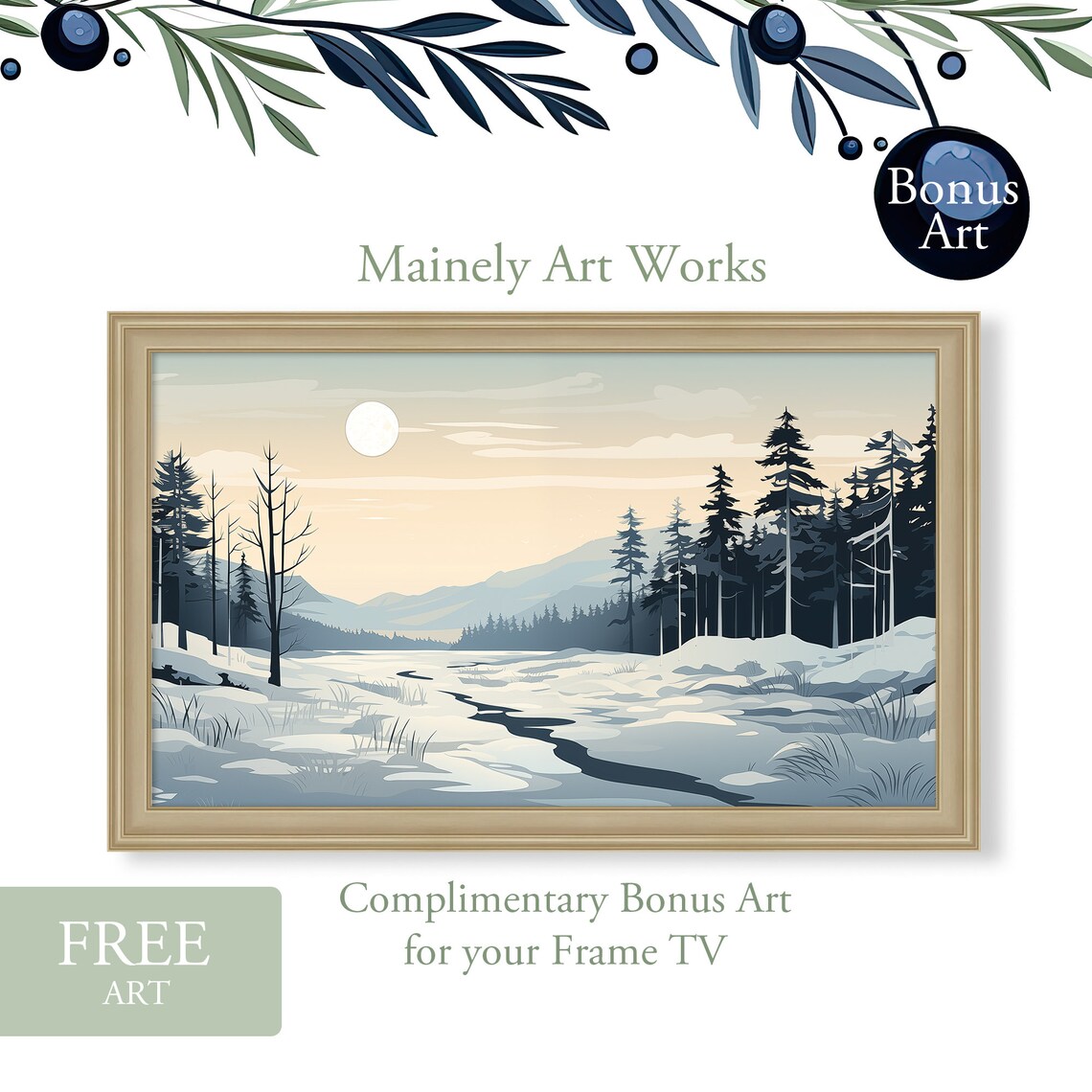 Full Moon Over Snowy Pine Forest With Frozen Stream Winter Night Wall Art Print - Image 3