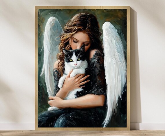 Beautiful Angel Tenderly Kissing A Beloved Tuxedo Cat Poster
