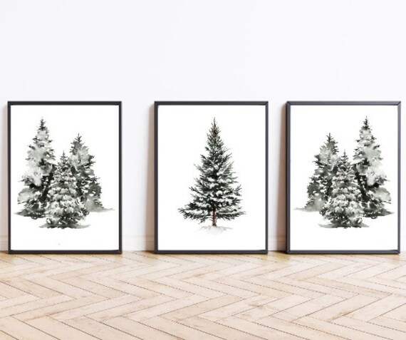 Black And White Winter Pine Trees Print Set Of Three For Home