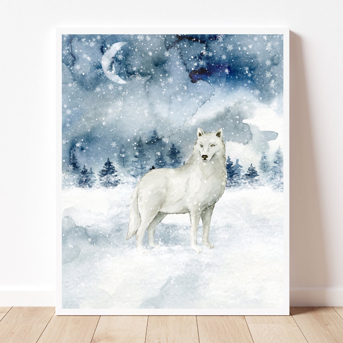 White Wolf Watercolor Winter Night Crescent Moon Snowy Forest Poster - Image 2