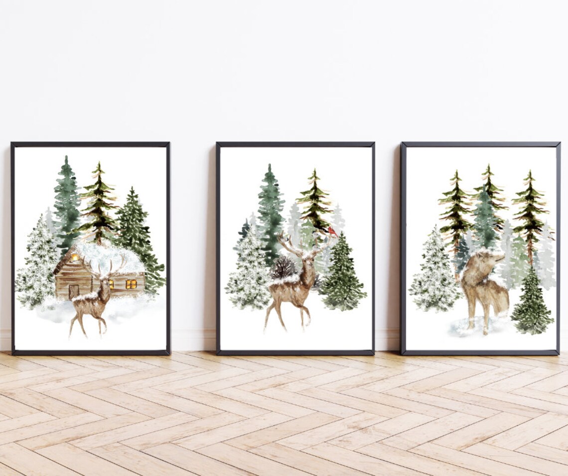 Set of 3 Winter Woodland Deer Cabin Wildlife Watercolor Art Poster - Image 2