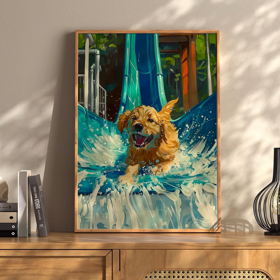 Joyful Golden Retriever Puppy Water Slide Splashing Fun Poster